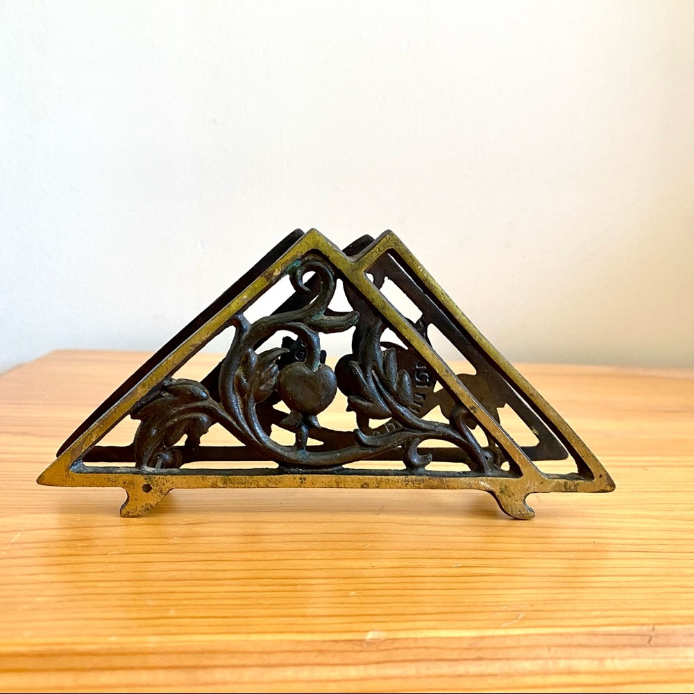 Vintage 1950s Brass Enamel Letter Napkin Holder Desk Organizer MCM